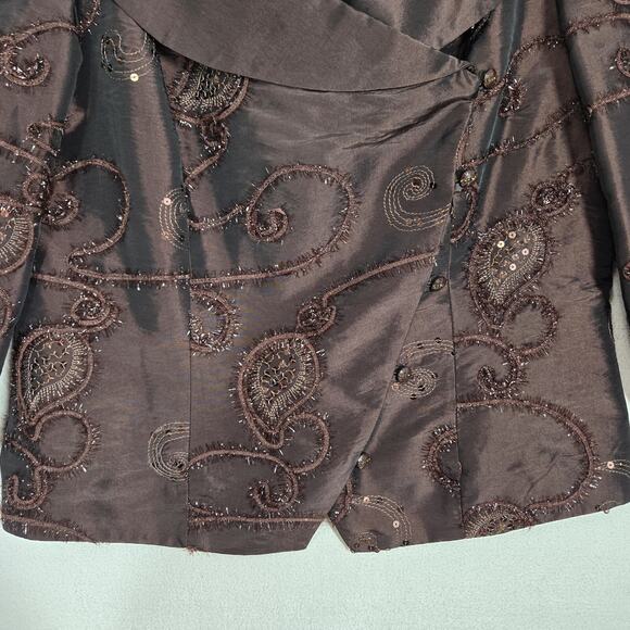 VTG Nueva Satin Top Jkt Sz 12 Brown Embroidered Sequins Art To Wear Formal - Picture 6 of 14